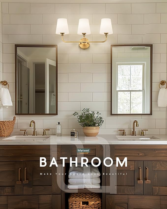 3-Light Brushed Gold Bathroom Vanity Light, White Fabric Shades | 24.5" bathroom light fixtures over mirror, upward only, E26 base, bulbs not included, VL837-BG-3