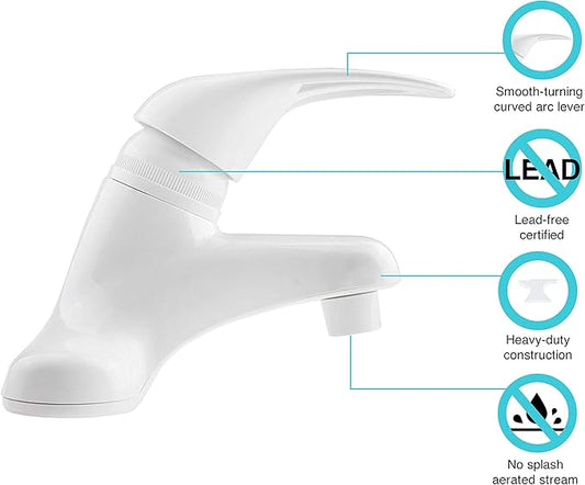 Dura Faucet DF-PL100-WT RV Single Lever Bathroom Sink Faucet (White) | One smooth motion adjusts temperature and flow; corrosion-resistant build. Plated ABS plastic (not metal).
