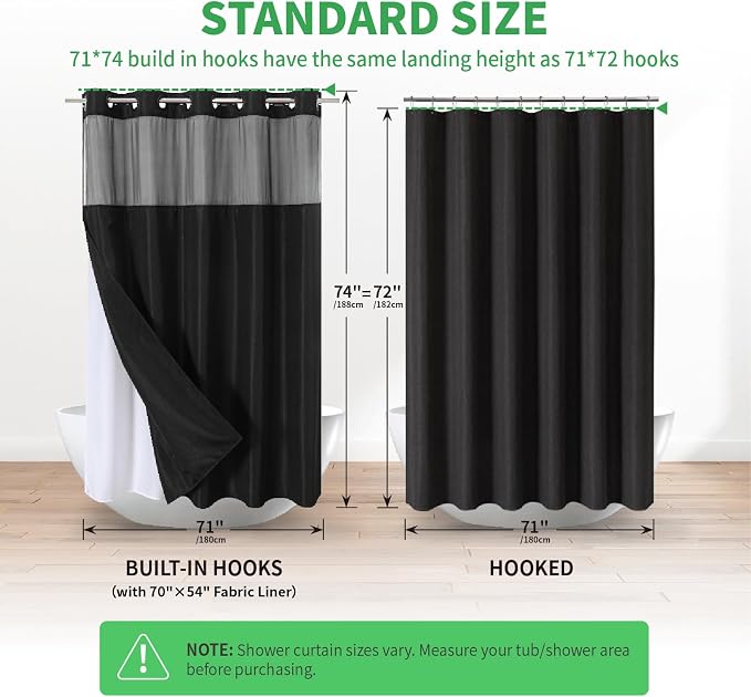 eachope No Hooks Needed Linen Textured Shower Curtain with Snap-in Fabric Liner Set,Black Hotel Luxury Decor Shower Curtains for Bathroom with Mesh Top Window,Waterproof & Washable,71Wx74H | 230GSM Thick Fabric,Hotel Luxury Decor,Mesh Top Window,Waterp...