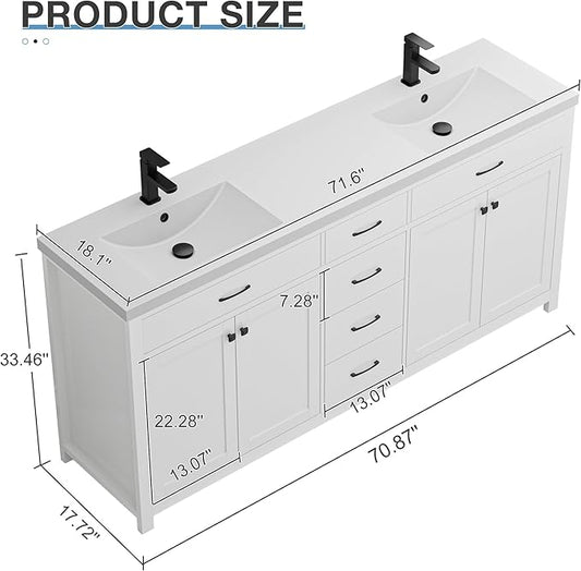 LUCKWIND 72" Bathroom Vanity and Sink Combo, Painted Modern Bathroom Storage Cabinet with Double Large Sink, Four Doors and Three Drawers, Include Faucet, Without Mirror, White