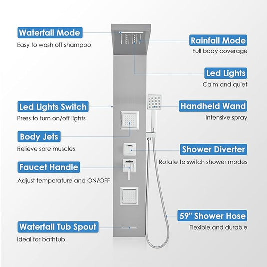 ROVOGO Shower Panel Tower System with Led Lights - Battery Powered, 46.5" | Rainfall Waterfall Shower Head, 2 Body Jets, Handheld and Tub Spout, Stainless Steel Shower Column with Brass Valves, Brushed