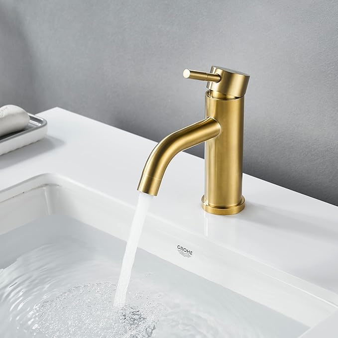 Modern Single Handle Bathroom Faucet Single Hole Brushed Gold Bathroom Sink Faucet Stainless Steel Commercial Basin Faucet (Brushed Gold No Drain)