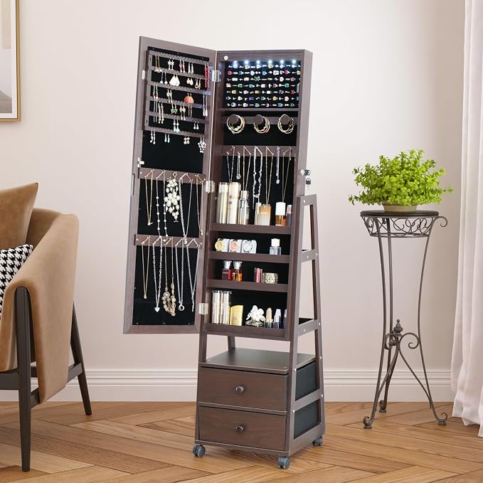 Jewelry Armoire Cabinet Organizer Standing with 20 LED Lights Lockable | Full Length Mirror with Storage Shelves and 2 Drawers (Brown) Adjustable Tilt Angles Gift for Her