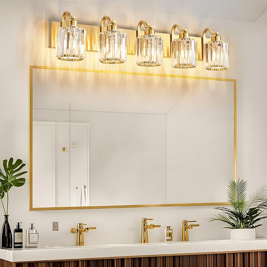Modern Crystal Bathroom Vanity Light 5 Lights Crooked Gold Over Mirror Wall Lighting Fixture with Round Shade (Exclude Bulb)