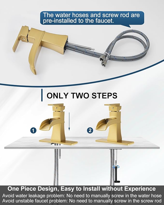 Brass Waterfall Faucet, Brushed Gold Bathroom Faucet, Single Handle for One Hole or 3 Holes 4 Inch with Pop-Up Drain, Pre-Installed Supply Hoses and Deck Plate for Vanity RV Farmhouse Modern
