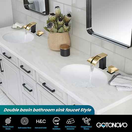 gotonovo Waterfall Bathroom Faucet 3 Hole Square Body,Brushed Gold&Black | SUS304 8’’ Widespread Bathroom Sink Faucet,2.17’’ Wide Spout,24’’ cUPC Hose,Pop Up Drain,2 Handle,Vanity,Lavatory,Basin,RV