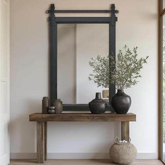 Besdomus Farmhouse Bathroom Vanity Mirror: 24"x36" Black Rustic Barn Door | No Assembly Required Soild Wood Frame - Decorative Mirror for Entryway/Living Room/Over Sink - Ideal for Bathroom Remodeling