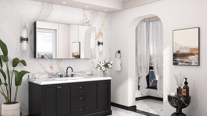 Keonjinn 48" x 26" Black Medicine Cabinet Mirror, Freely Adjustable Shelves | Assembly Required, Lightweight Aluminum, Safe Tempered Glass, Surface Mount or Recessed, Large Bathroom Mirror with Storage