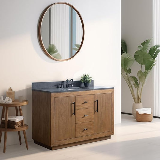 Vanity Art 48" Bathroom Vanity with Sink, Solid Poplar Wood, Vanity Cabinet with Doors and Shelf, Modern Wood Bathroom Vanity with Black Marble Top, 3 Functioning Drawers,VA70-48-T-B