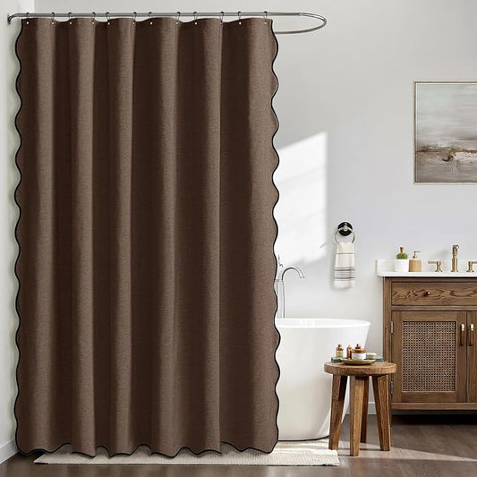 MIULEE 72"x84" Extra Long Scalloped Linen Shower Curtain Brown | Linen Textured, Waterproof, Washable, 12 Metal Hooks, Heavy Duty Cloth, Black Border, Shower Curtain for Bathroom Bathtub