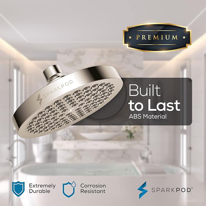 SparkPod 6" Rain Shower Head High Pressure w/ 6" Shower Arm, Brushed Nickel | High Pressure Shower Heads, 90 Nozzles, Adjustable Showerhead, No Tools Needed, Universal Connection, Gain Space & Style