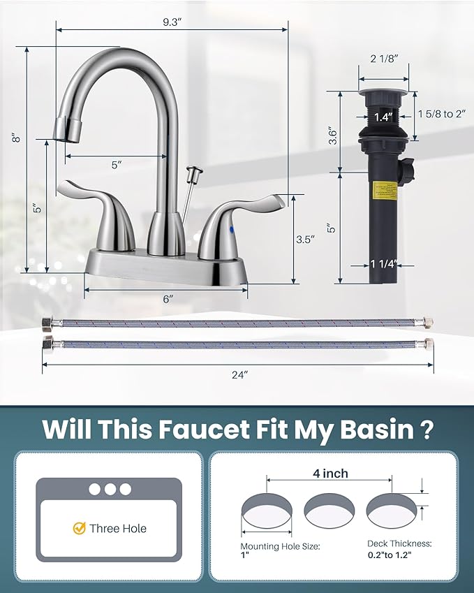 ARCORA 2 Handle Modern Bathroom Faucet Brushed Nickel, 4 Inch Centerset Bathroom Faucet with Drain Assembly and Supply Hoses, 3 Holes Faucet for Bathroom Sink