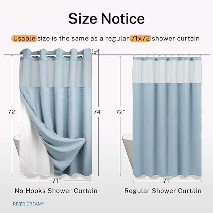 River Dream Heavyweight Waffle No Hook Shower Curtain with Liner,Blue,71x74 | Dotted Waffle,Snap-in Liner,Heavy Duty,Quick Dry,Mesh Top Window,With Bottom Magnets,Hotel-Grade,Washable,Standard Size
