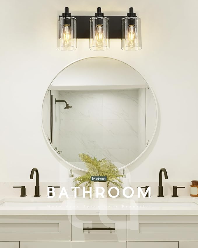 3-Light Bathroom Light Fixtures, Black Vanity Light with Cylinder Clear Glass Shade, Modern Vanity Lighting Fixtures Over Mirror, VL143-MB-3 | 16.5" modern bathroom light fixtures over mirror, E26 base, bulbs not included, VL143-MB-3