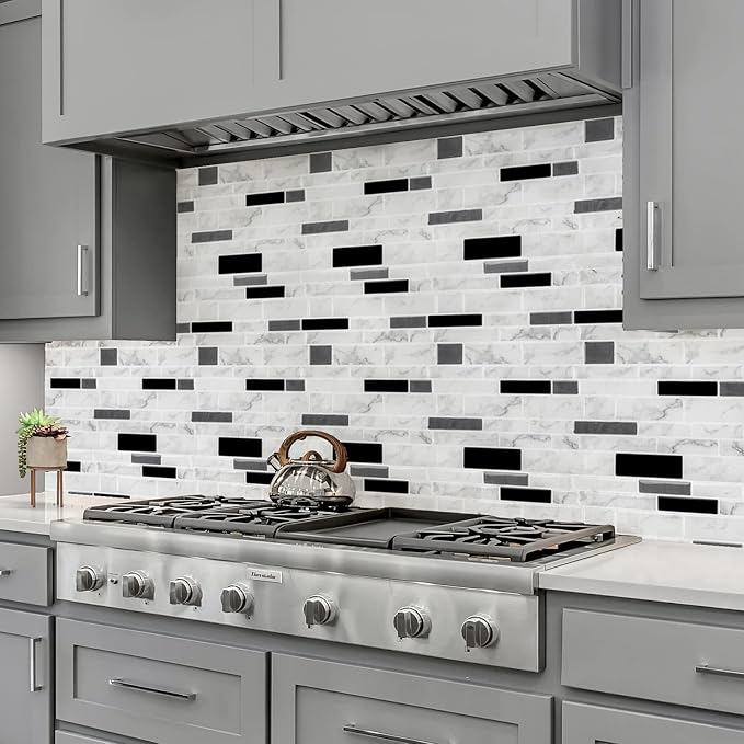 LONGKING 10-Sheet Peel and Stick Tile Backsplash, Vinyl Self-Adhesive Tile Stickers for Kitchen, Bathroom, White Marble | Peel and stick backsplash, vinyl PVC, marble, waterproof, kitchen bathroom wall, 10-sheet, set B