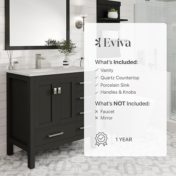 Eviva London 36 Inch Bathroom Vanity With Sink - Espresso Single Sink Bathroom Vanity - 36 In Bathroom Vanities & Stylish Bathroom Sink Cabinet W Quartz Countertop & Porcelain Sink For Optimal Storage