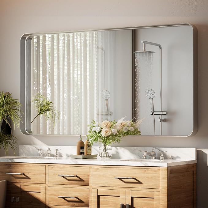 55"x 30" Silver Bathroom Mirror - Aluminum Framed Wall Mirror, Bathroom Wall Mounted Vanity Mirror, Bedroom, Living Room Wall Mirror, Hang Horizontally or Vertically