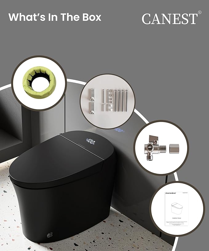 CANEST Black Smart Toilet with Bidet Built In, Auto Open Close (TC-200BG) | Auto Flush, Foot Sensor Operation, Heated Seat, Warm Water, Adjustable Water&Dryer Temperature, Night Light, Remote Control