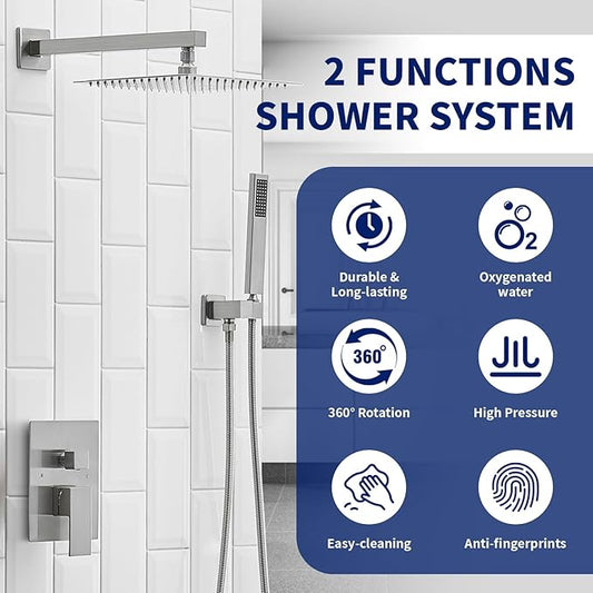 BWE 12 Inch Square Shower Head System 2-Functions Bathroom Luxury Rain Mixer Shower Combo Set Wall Mounted Rainfall Brushed Nickel Shower Faucet Rough-in Valve Body and Trim Included