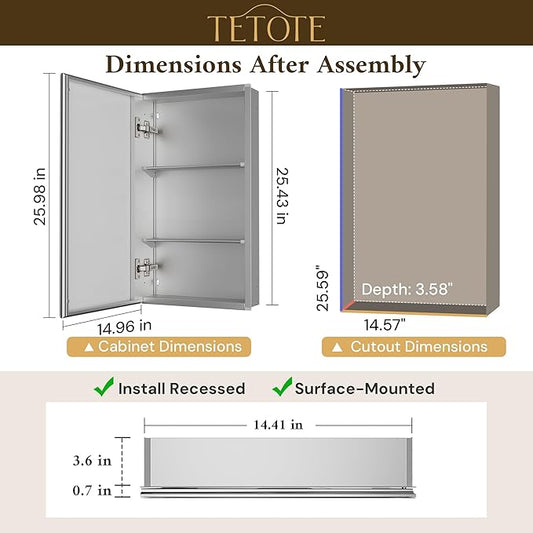 TETOTE 15 x 26 Bathroom Mirror with Storage with Tempered Beveled Mirror Silver Medicine Cabinet Aluminum Cabinet DTC Hinges, Stepless Adjustable Shelves, Recessed/Surface-Mounted