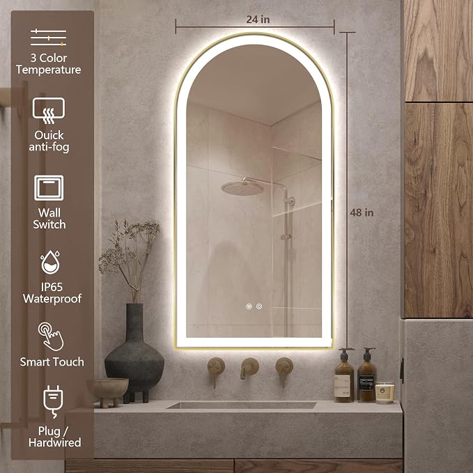 Arched LED Bathroom Mirror, 48"x24" Arch Backlit Vanity Mirror with Lights, Frontlit, Dimmable, 3 Colors, Memory Function, Anti-Fog Smart Mirror, Shiny Gold Frame, Shatterproof, UL Listed