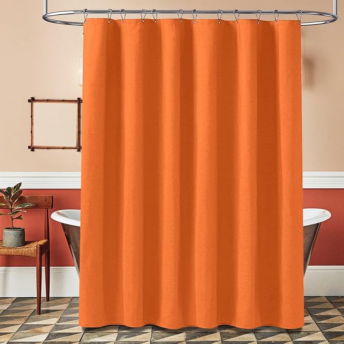Extra Long Linen Textured Waterproof Shower Curtain, 72x96, Orange | Extra Tall Size, 230GSM Polyester, Heavy Duty Cloth, Weighted Hem, 12 Plastic Hooks, Modern Hotel Style, Machine Washable