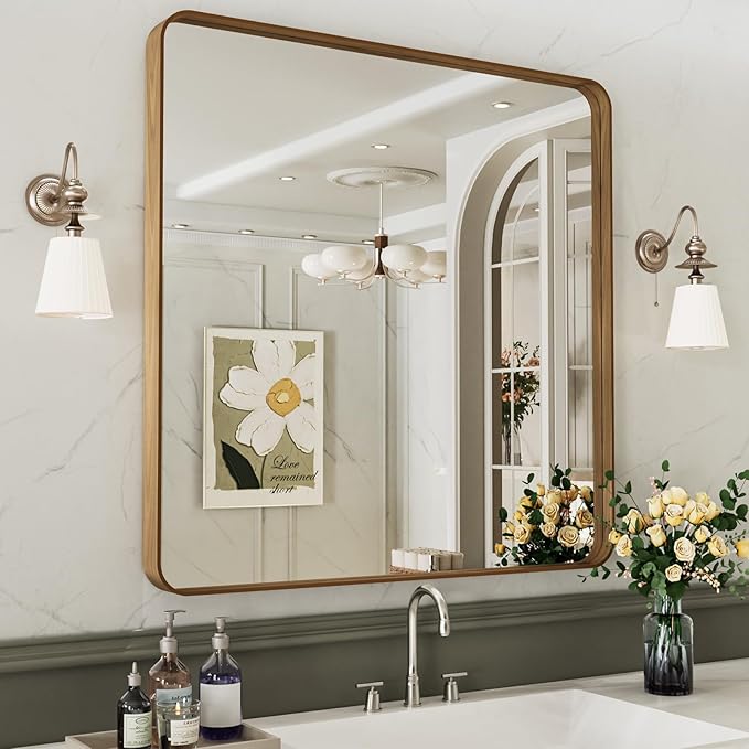 LOAAO 36X36 Inch Bathroom Mirror with Wood Grain Colored Metal Frame | Rounded Rectangle, Anti-Rust, Hangs Horizontally or Vertically, Tempered Glass