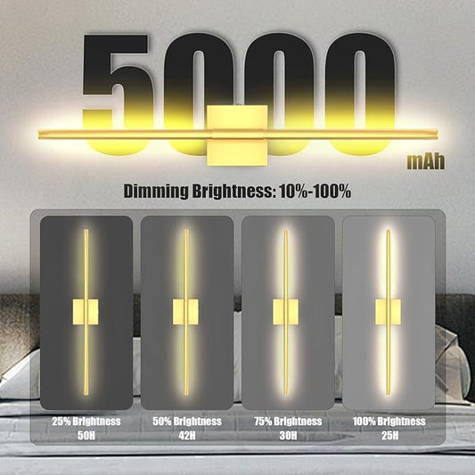 Battery Operated Wall Sconces Set of 2 Rechargeable LED Wall Lights, Dimmable 3000K-6500K, Battery Sconces Wall Decor for Bedroom Living Room Hallwayated Wall Sconce (2 Pack) (Gold, 28 INCH)