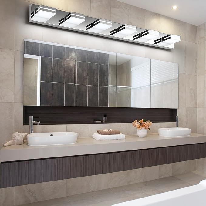 SineRise LED Modern Bathroom Vanity Light Fixtures, Modern Acrylic Bathroom Wall Lighting Fixtures Over Mirror, 6-Light, 48-Inch, Chrome, 100%-0% White