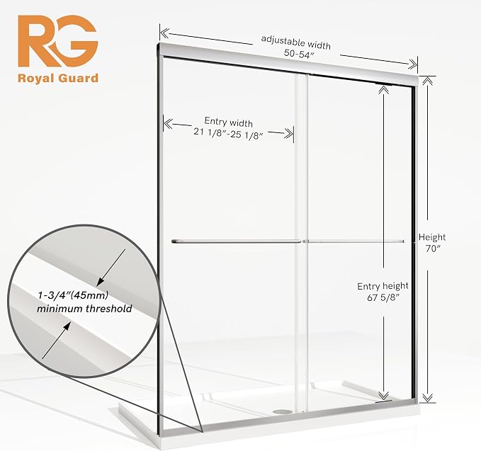 Royal Guard Double Sliding Shower Door,50-54" W x 70" H,Chrome | Shower Doors with 6mm Clear SGCC Tempered Glass,Bypass Shower Enclosure,Nano Coating Easy Clean&Waterproof&Adjustable Width