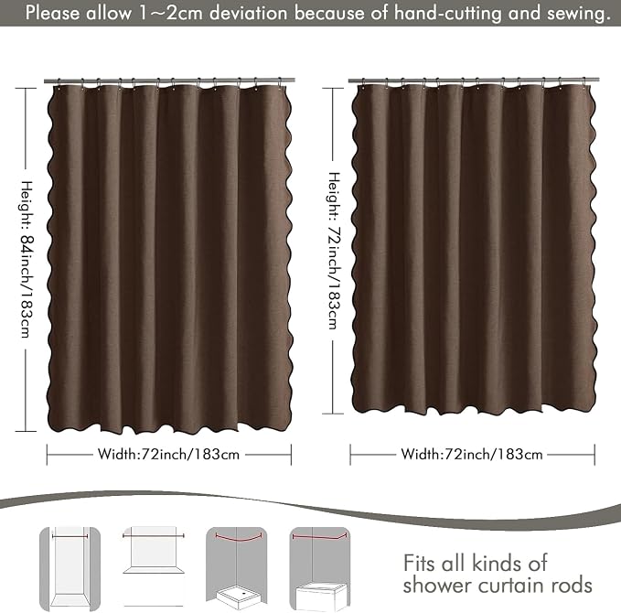 MIULEE Brown Scalloped Linen Shower Curtain 72x72 Inches | Linen Textured, Waterproof, Washable, 12 Metal Hooks, Heavy Duty Cloth, Black Border, Shower Curtain for Bathroom Bathtub