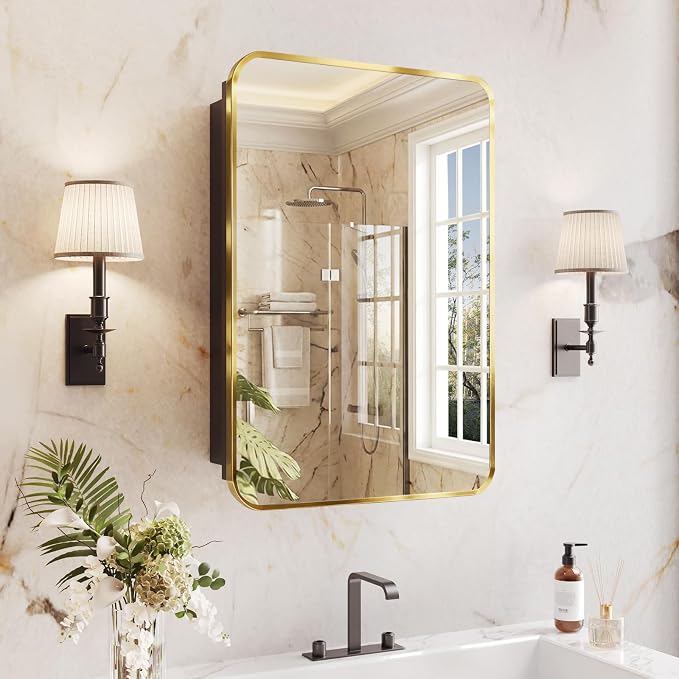 Medicine Cabinet Mirror 16x24 Inch, Gold Bathroom Mirror Cabinet with Stepless Adjustable Shelves, Stainless Steel Frame, Bathroom Mirror with Storage Recessed or Wall Mount