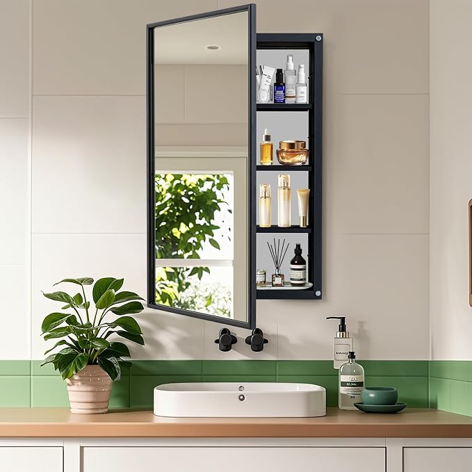 Black Bathroom Medicine Cabinet with Mirror Squared Rectangle Metal Frame Recessed Or Wall Mounted Single Door Storage Medicine Cabinets with 3 Adjustable Shelves (Black, 20 * 30'')