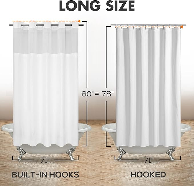 River Dream Long No Hook Slub Textured Shower Curtain with Snap-in PEVA Liner Set - 71" x 80"(78"), Hotel Style with See Through Top Window, Fabric Curtain & Waterproof Liner, White, 71x80 | Snap on/off Waterproof PEVA Liner, See Through Top Window, Sl...