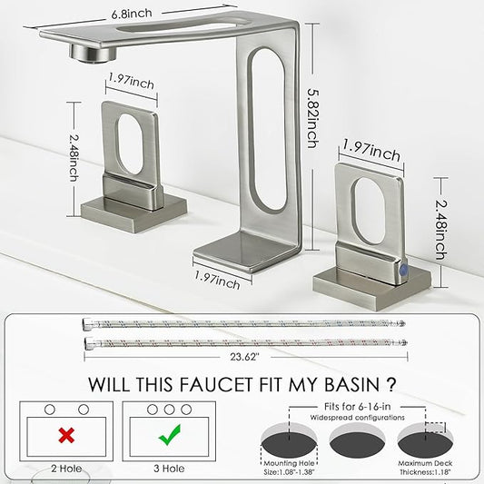 Bathroom Sink Faucet 3 Hole, BAKALA 8-inch Brushed Nickel Widespread Faucet, 2 Handle Modern Vanity Bathroom Faucets with Water Supply Hoses, Hollowed Design