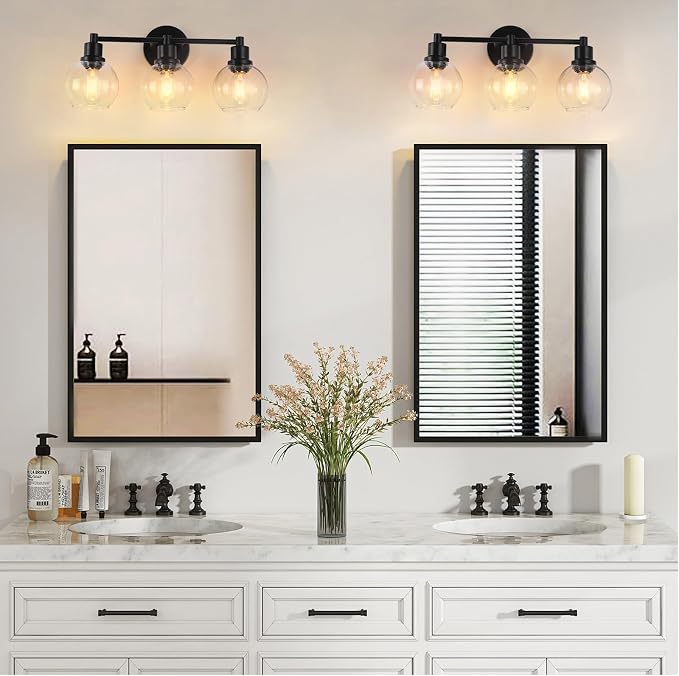 Bathroom Vanity Light 3 Light, Black Bathroom Light Fixtures with Clear Globe Glass Shade, Matted Black Wall Sconce Over Mirror for Kitchen, Living Room