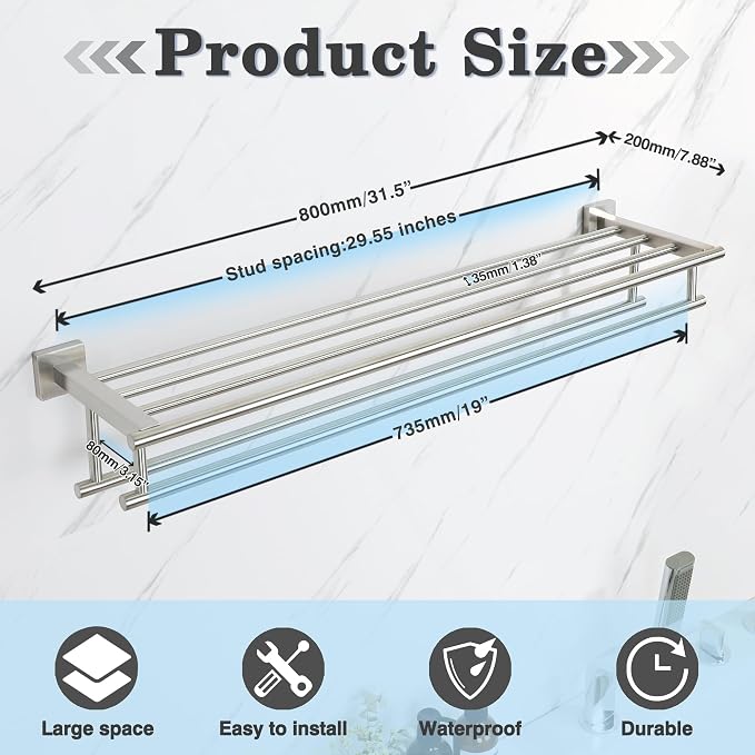 Alise 32 Inch Double Towel Rack for Bathroom Wall Mounted,Brushed Nickel | SUS304 Stainless Steel Towel Rack with Shelf,Bathroom Tower Holder Towel Shelf with Double Towel Bars for Bath Kitchen