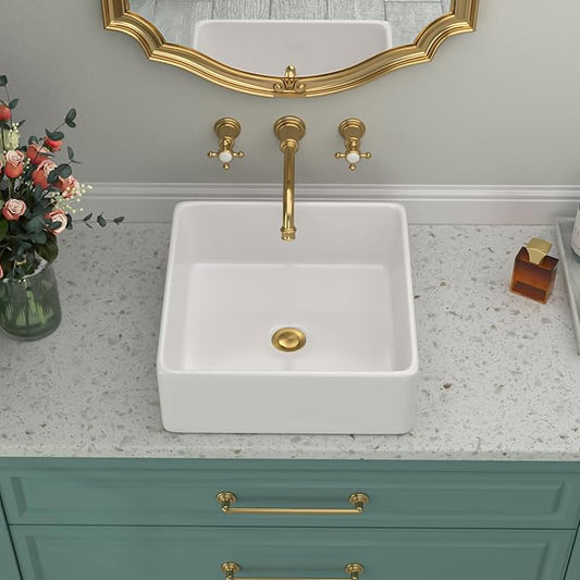 White Bathroom Vessel Sink | Beslend 15x15 Inch White Ceramic Porcelain Square Bathroom Sink Lavatory Modern Art Basin