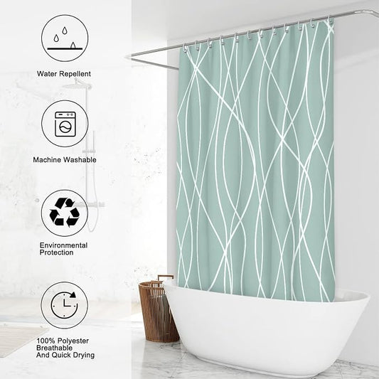 Striped Shower Curtain for Bathroom, Light Green, 72" W x 72" L | with Hooks, Modern Hotel Style, Water Repellent, Washable, Weighted Hem