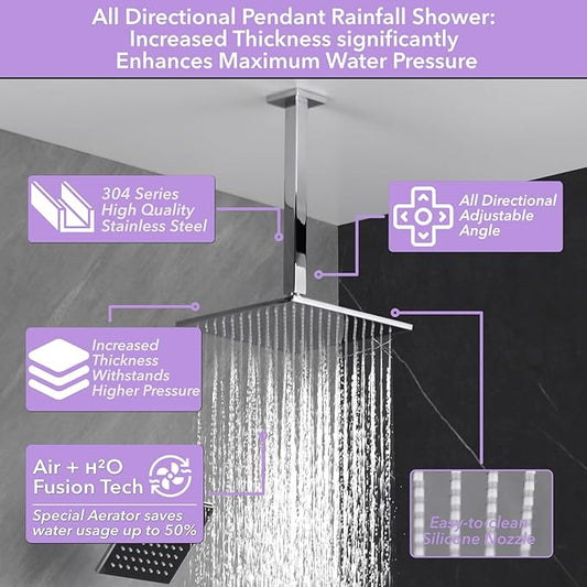 VANFOXLE Shower Faucet Set Chrome Shower System, Push Button Diverter | 10 Inch Ceiling Mount Rain Head, 6 Inch Wall Mount Head, 2-in-1 Handheld Sprayer, Solid Brass Valve, Rust Resistant