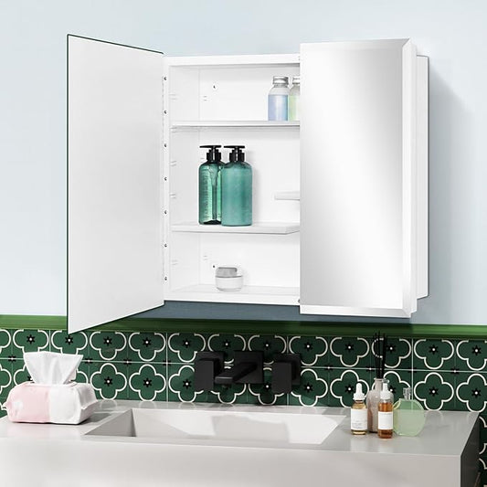 Fundin White Medicine Cabinet Recessed or Surface Mount, Bathroom Medicine Cabinet with 30 x 24 Beveled Edge Mirror Size and Adjustable Staggered Shelves