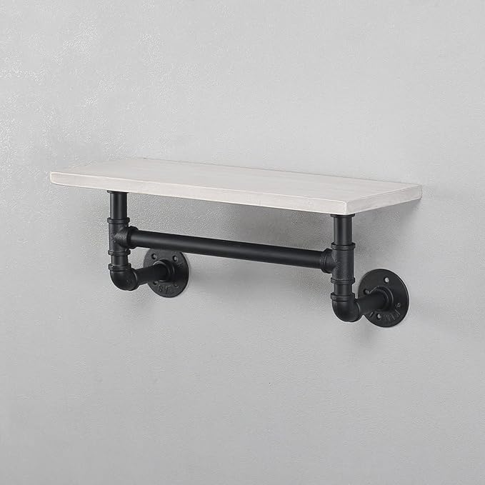 MBQQ Industrial Pipe Shelf Bathroom Shelves Wall Mounted,19.6in Rustic Wood Shelf with Towel Bar,1 Tier Farmhouse Towel Rack,Pipe Shelving Floating Shelves Towel Holder,Black & White