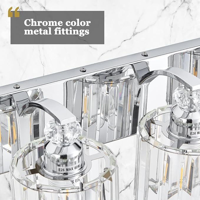 3-Light Modern Bathroom Light Fixture Chrome Vanity Lights Over Mirror Wall Sconce Lighting with K9 Crystal Shades Bathroom Wall Lamp E26 Base for Bedroom, Living Room, Hallway, Cabinet