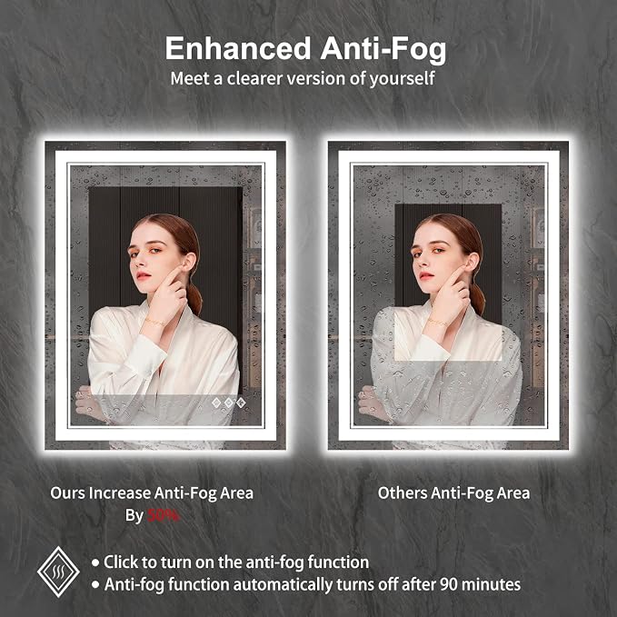 LED Mirror, 28x36 Inch Gradient Front and Backlight Lighted Mirror, 3 Colors Dimmable CRI>90 Double Lights, IP54 Enhanced Anti-Fog, Hanging Plates Wall Mount LED Bathroom Mirror