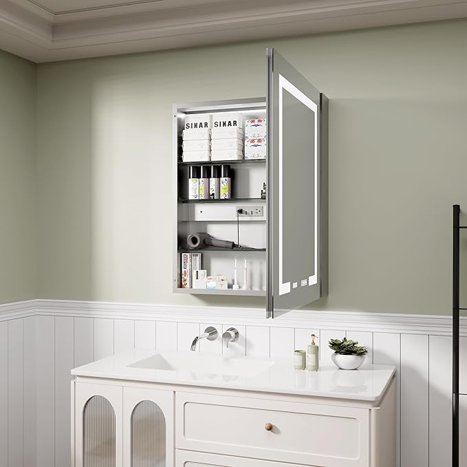 LED Medicine Cabinet 24x30 Anti-Fog Mirror Dimmable Recessed Mount | 3 Color Dimmable LED. Time Temp Display. Anti-Fog IP44. 2 Outlets+2 USB. Plug-in/Hardwired. Recessed/Wall Mount. Right Hinge.
