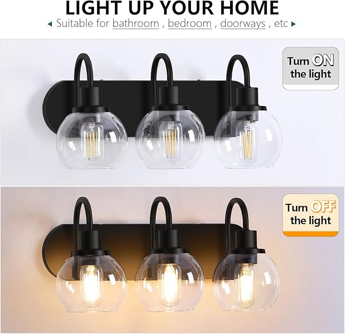 Bathroom Vanity Light,Modern 3-Light Bathroom Lighting Fixtures Over Mirror with Clear Glass Shade and Metal Base,Matte Black Bathroom Lighting