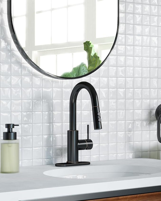 Fransiton Bathroom Faucets, Bar Sink Faucet Single Hole for Bathroom Kitchen Campers with Deck Plate Outdoor Faucet Vessel Farmhouse Vanity Lavatory (Matte Black - Pull Sprayer - A)