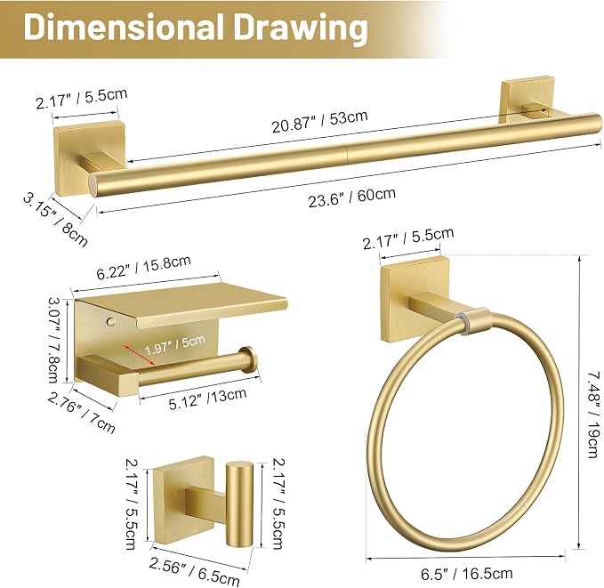 TURS 5-Pieces Brushed Gold Bathroom Hardware Set 23.6 Inch SUS304 Stainless Steel Towel Bar Set Wall Mounted Square Toilet Paper Holder with Shelf