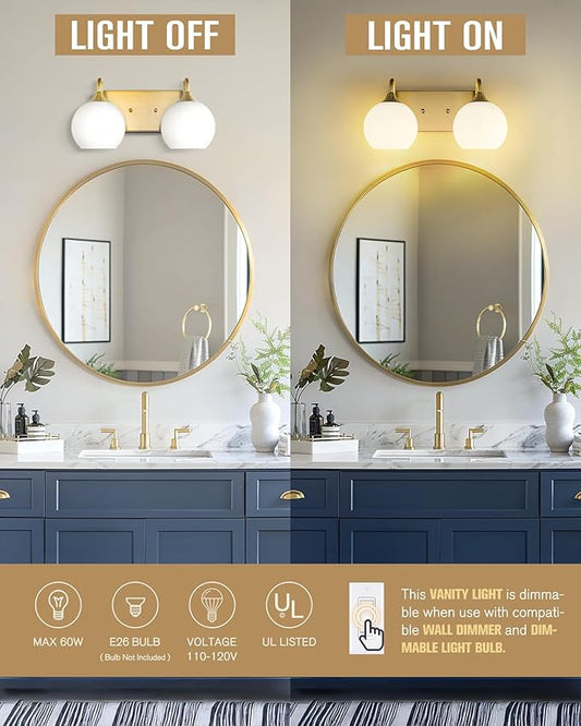 Emak Globe Bathroom Light Fixtures, Brushed Gold Vanity Lights with Milk Glass Shade, Modern 2-Light Wall Sconce for Bathroom, Mirror, VL118-BGD-ML-2