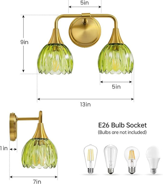 Bathroom Vanity Light Fixtures: 2-Lights Vintage Bathroom Lights Over Mirror with Ribbed Green Tulip Glass Shade - 14 inch Brushed Gold Wall Sconce Bath Lighting